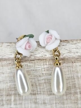 1928 Jewelry Pink Porcelain Rose Faux Pearl Drop Earrings Vintage Style